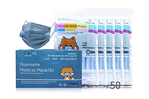 YINHONYUHE Mascarilla Quirúrgica Desechable Homologada Para Niños, 50 Unidades, Multicolor, CE, BFE ≥98%, EN 14683:2019+AC:2019 Type IIR (Azul)