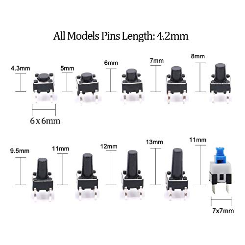 YIXISI 180 x Interruptor de Boton Momentaneo Tactil, uego de interruptores momentáneos de 4 pines con botón pulsador y caja de plástico (6 X 6, 7 X 7)