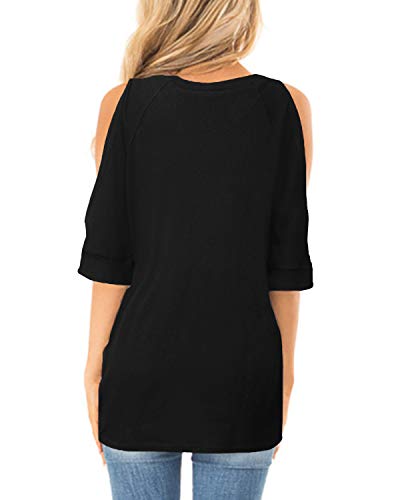 YOINS Blusa de manga corta con hombros descubiertos para mujer, estilo casual, cuello redondo, hombros descubiertos, color sólido