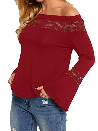 YOINS Camisa para Mujer Invierno Camiseta Manga Larga Camisas de Encaje con Hombros Descubiertos Blusa Informal