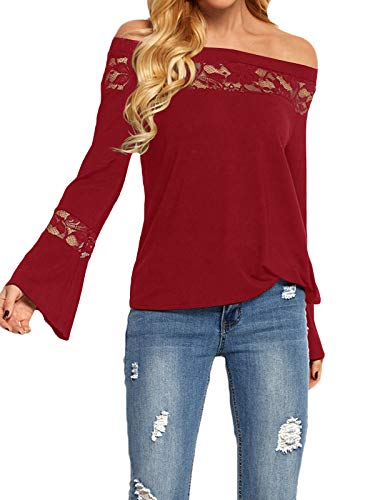 YOINS Camisa para Mujer Invierno Camiseta Manga Larga Camisas de Encaje con Hombros Descubiertos Blusa Informal