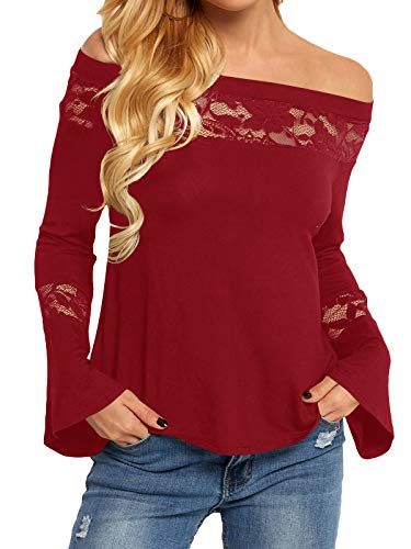 YOINS Camisa para Mujer Invierno Camiseta Manga Larga Camisas de Encaje con Hombros Descubiertos Blusa Informal