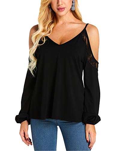 YOINS Camiseta Mangas Larga para Mujer Sexy Blusas con Hombros Descubiertos Cuello Redondo Top Color sólido Casual Color sólido-Negro S