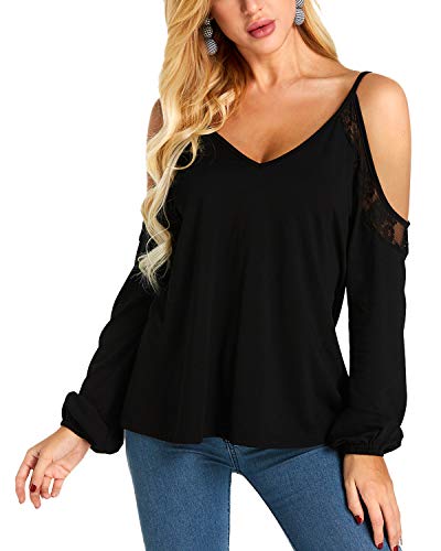 YOINS Camiseta Mangas Larga para Mujer Sexy Blusas con Hombros Descubiertos Cuello Redondo Top Color sólido Casual Color sólido-Negro S