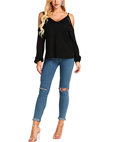 YOINS Camiseta Mangas Larga para Mujer Sexy Blusas con Hombros Descubiertos Cuello Redondo Top Color sólido Casual Color sólido-Negro S