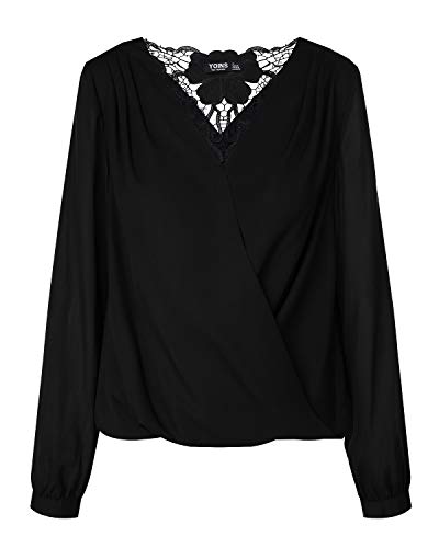 YOINS Camiseta sexy de manga larga para mujer, cuello en V, espalda descubierta, blusa de otoño, blusa de encaje, moda patchwork, Negro , XL