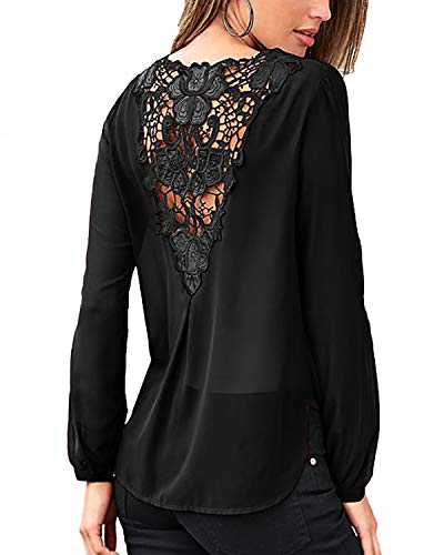 YOINS Camiseta sexy de manga larga para mujer, cuello en V, espalda descubierta, blusa de otoño, blusa de encaje, moda patchwork, Negro , XL