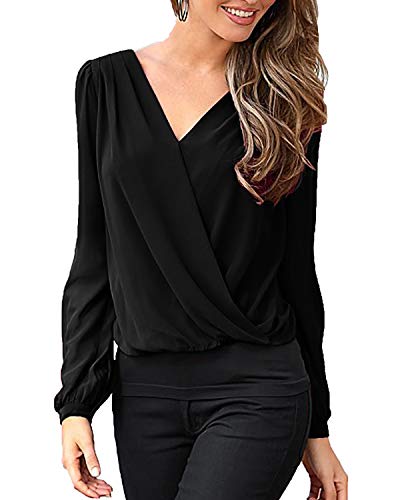 YOINS Camiseta sexy de manga larga para mujer, cuello en V, espalda descubierta, blusa de otoño, blusa de encaje, moda patchwork, Negro , XL