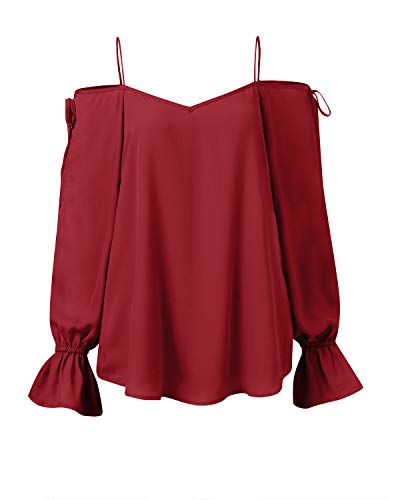 YOINS Mujeres Blusas con Hombros Descubiertos Sexy Camiseta Manga de Linterna con Cuello V Tops con Cuerda Moda 1~Melon Rojo M