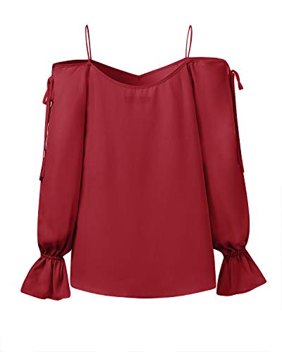 YOINS Mujeres Blusas con Hombros Descubiertos Sexy Camiseta Manga de Linterna con Cuello V Tops con Cuerda Moda 1~Melon Rojo M