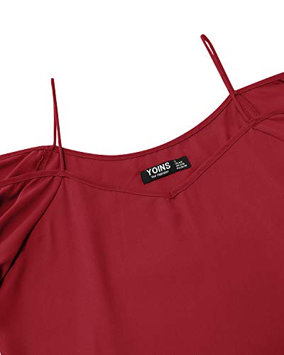 YOINS Mujeres Blusas con Hombros Descubiertos Sexy Camiseta Manga de Linterna con Cuello V Tops con Cuerda Moda 1~Melon Rojo M