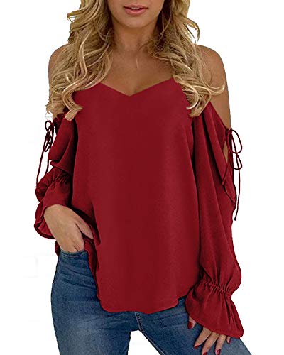 YOINS Mujeres Blusas con Hombros Descubiertos Sexy Camiseta Manga de Linterna con Cuello V Tops con Cuerda Moda 1~Melon Rojo M