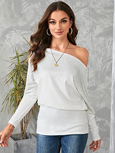 YOINS Tops de hombro frío para mujer, lentejuelas ocasionales de manga larga, blusas holgadas para mujer, camisetas de un hombro, Nueva versión~blanco, L