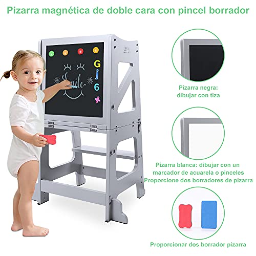 YOLEO Torre Aprendizaje Transformer, Torre Montessori para niños y bebés, Plegable Learning Tower con Pizarra Blanca y Negra magnéticas, Gris - Madera