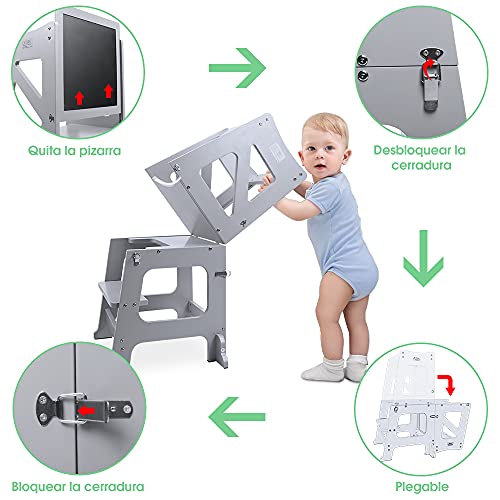 YOLEO Torre Aprendizaje Transformer, Torre Montessori para niños y bebés, Plegable Learning Tower con Pizarra Blanca y Negra magnéticas, Gris - Madera