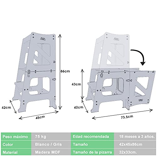 YOLEO Torre Aprendizaje Transformer, Torre Montessori para niños y bebés, Plegable Learning Tower con Pizarra Blanca y Negra magnéticas, Gris - Madera