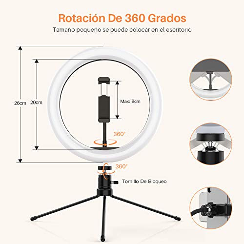 Yoozon 10" Luz de Anillo LED fotográfica de Escritorio, 3 Color 10 Brillo, Trípode con Soporte Giratorio de teléfono para Transmisión en Vivo, Selfie, Maquillaje, Videoconferencia, Youtube, TikTok