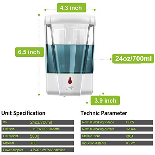 Youool dispensador jabon automatico Pared 700 ml con Sensor IR, dispensador de jabón automático sin Contacto para Cocina, dispensador Gel hidroalcoholico (Dosis de 1 Ml)