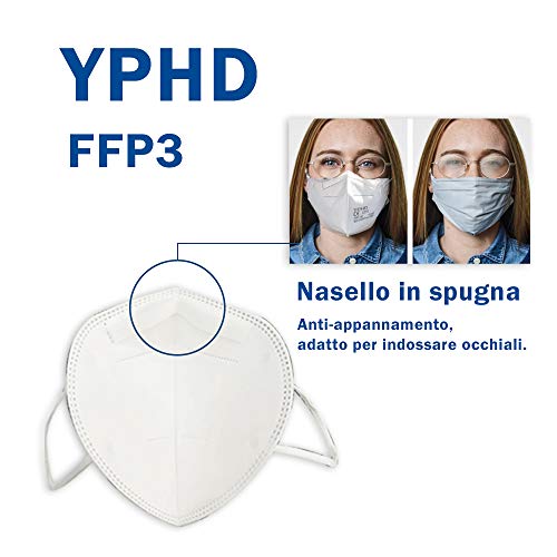 YPHD YD-003 FFP3 5 máscaras faciales de capa con certificación de la UE, Paquete de 25