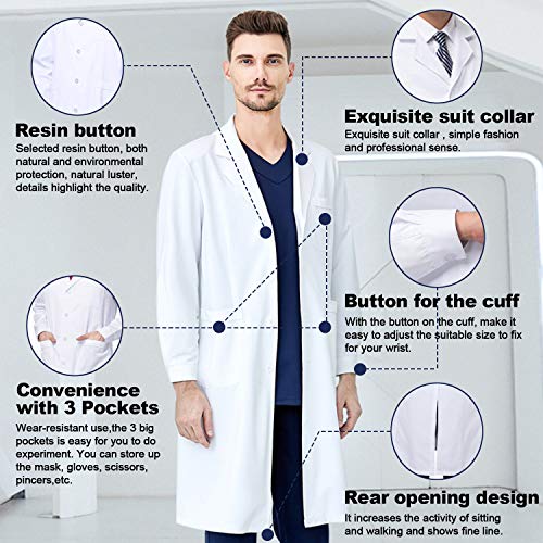 Yulang Bata Laboratorio, Bata Médico Blanco para Hombres Mujeres, Bata de Laboratorio Estudiante, Uniformes Bata Sanitarios Blancos, Unisexo Ropa Médica de Manga Larga Ropa de Trabajo