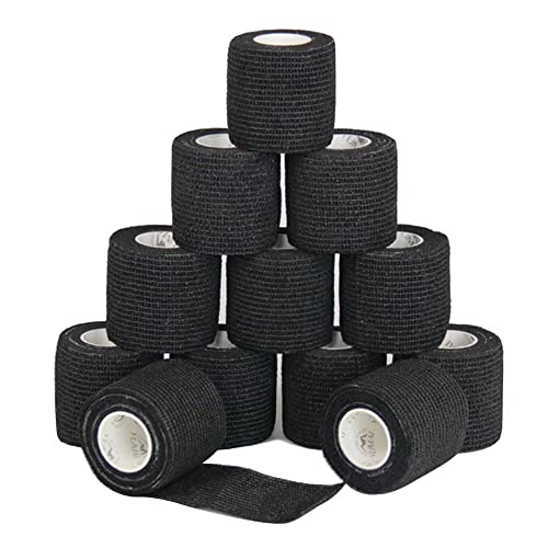 YUMAI Vendaje Elástico adherente Wrap Cinta 5cm, Self Adhering Stick de compresión para Vendaje una Herida Tobillo Apoyo o Médico Supplies (Paquete de 12, Negro)