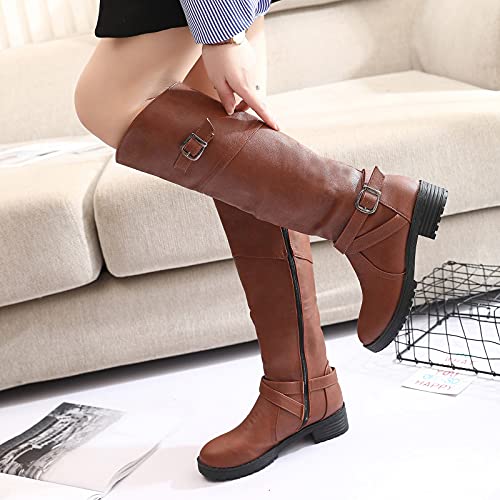 YWLINK Botas Nuevas Para Mujer Hasta La Rodilla Botas Altas De Invierno Forro De Piel Botas Altas Zapatos Planos CáLidos Botas Anchas Retro Zapatos Casuales,Negro Botas Con Hebilla (Marrón, 36)