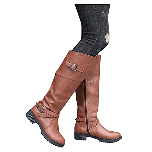 YWLINK Botas Nuevas Para Mujer Hasta La Rodilla Botas Altas De Invierno Forro De Piel Botas Altas Zapatos Planos CáLidos Botas Anchas Retro Zapatos Casuales,Negro Botas Con Hebilla (Marrón, 36)