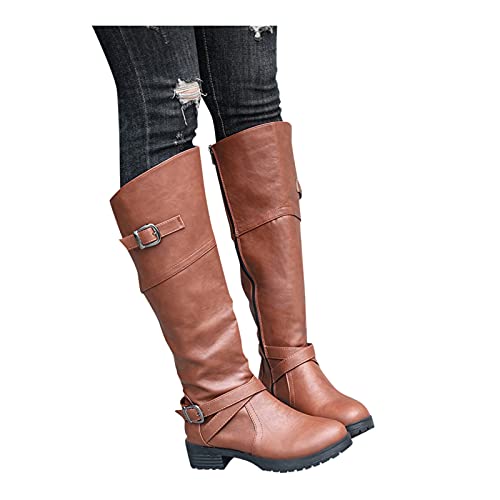 YWLINK Botas Nuevas Para Mujer Hasta La Rodilla Botas Altas De Invierno Forro De Piel Botas Altas Zapatos Planos CáLidos Botas Anchas Retro Zapatos Casuales,Negro Botas Con Hebilla (Marrón, 36)