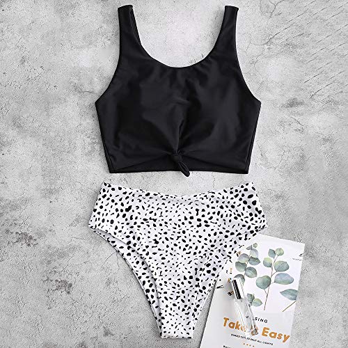 Zaful Traje de baño de dos piezas para mujer, traje de baño acolchado con estampado floral y cordones, tankini de tiro alto, Negro , XXL