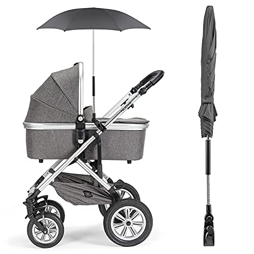 Zamboo - Sombrilla Carrito bebe Universal / Parasol Silla de Paseo flexible con soporte para tubos redondos y ovalados, Protección UV50+, diámetro 73 cm - Negro