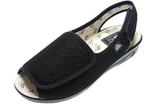 Zapatillas Rejilla Nailon en Ancho Especial y Punta Abierta para Mujer - Antibacterianas - Marca [CeliaRuiz] - Ajuste con Velcro para Diferentes Anchos Negro Talla 39