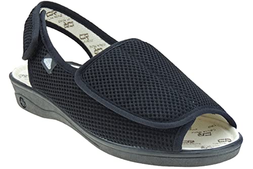 Zapatillas Rejilla Nailon en Ancho Especial y Punta Abierta para Mujer - Antibacterianas - Marca [CeliaRuiz] - Ajuste con Velcro para Diferentes Anchos Negro Talla 39