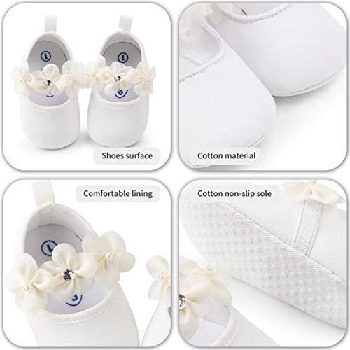 Zapatos de Niña con Diadema Regalo Set Bautizo Lovely Algodón Flor Suave Suela Zapatillas Antideslizantes Zapatos de Princesa (0-6 Meses, Blanco, Tamaño de Etiqueta 11)