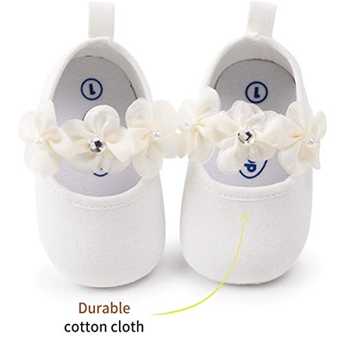 Zapatos de Niña con Diadema Regalo Set Bautizo Lovely Algodón Flor Suave Suela Zapatillas Antideslizantes Zapatos de Princesa (0-6 Meses, Blanco, Tamaño de Etiqueta 11)