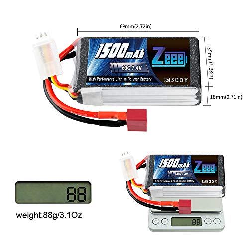 Zeee 2S - Batería de polímero de litio (7,4 V, 60 C, 1500 mAh, con conector en T, para aviones teledirigidos, aviones con mando a distancia, 2 unidades)