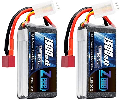 Zeee 2S - Batería de polímero de litio (7,4 V, 60 C, 1500 mAh, con conector en T, para aviones teledirigidos, aviones con mando a distancia, 2 unidades)