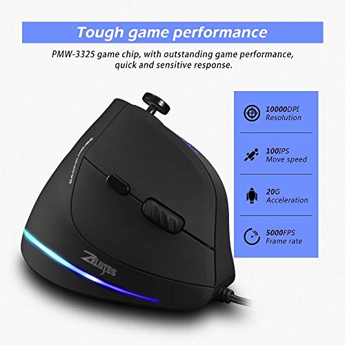 Zeerkeer Ratón Vertical para Juegos con Joystick, Ratón Ergonómico con Cable 10000 dpi,11 Botones Mouse Gaming Portátil Diseño Ergonómico Vertical