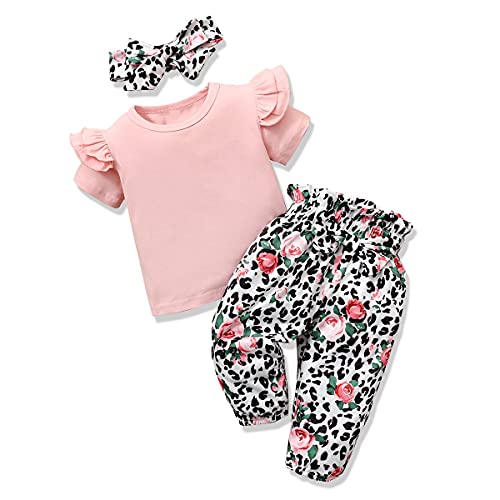 ZOEREA Conjunto de Ropa de Bebé Niña Linda Camiseta Casual con Volantes + Pantalones Floral + Diadema de Lazo para Recién Nacido Verano 3 Piezas de Ropa