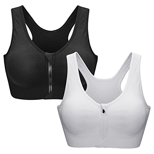 ZOEREA Sujetador Cierre Delantero Deportivo para Mujer Gimnasio Ropa con Almohadillas Extraíbles para Correr Sin Costuras Yoga Fitness，Negro + Blanco，S