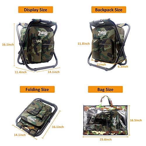 Zology Silla Plegable Acampa Taburete Mochila con Refrigerador Bolsa de Picnic, Camuflaje Portátil Senderismo Bolsa de la Tabla de Asiento para Pesca de Interior Aire Libre Recorrido Playa Barbacoa