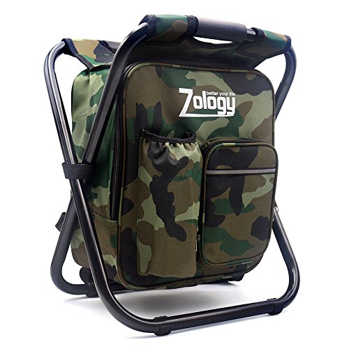 Zology Silla Plegable Acampa Taburete Mochila con Refrigerador Bolsa de Picnic, Camuflaje Portátil Senderismo Bolsa de la Tabla de Asiento para Pesca de Interior Aire Libre Recorrido Playa Barbacoa