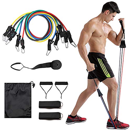 ZoneYan Juego de Bandas de Resistencia, Cuerda Elástica Multicolor Kit, 11 Tubos de Resistencia Apilables, Conjunto de Tubos de Ejercicios, con Anclaje de Puerta, para Fitness, Yoga, Rehabilitación