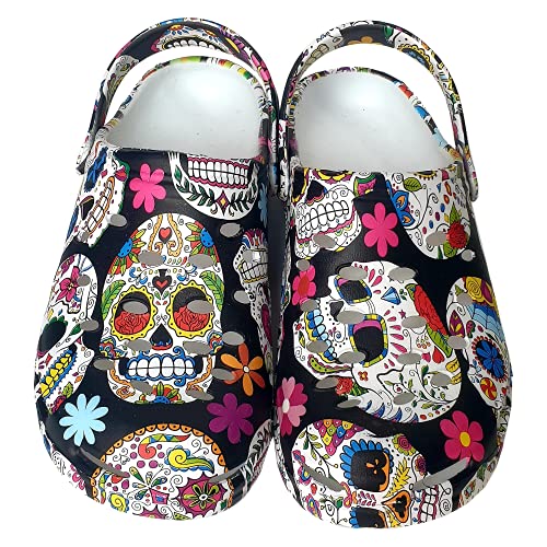 Zuecos Sanitarios Mujer de Trabajo Cómodos de Goma EVA Laboral Enfermera y Hostelería con Diseño Dibujos Hidroimpresión Calaveras mejicanas Negras. Talla 40. Talonera en el Mismo diseño