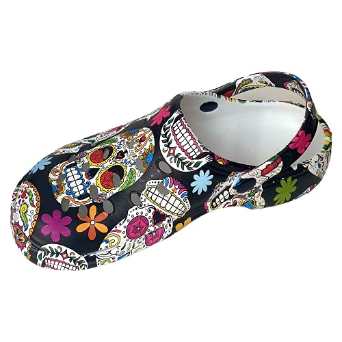 Zuecos Sanitarios Mujer de Trabajo Cómodos de Goma EVA Laboral Enfermera y Hostelería con Diseño Dibujos Hidroimpresión Calaveras mejicanas Negras. Talla 40. Talonera en el Mismo diseño