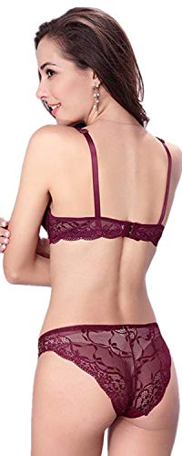 ZUKULIFE Nature Mujer Delgado De Encaje Push Up 3/4 Taza de Sujetador y Bragas Conjuntos - (Vino Rojo ES-100C)