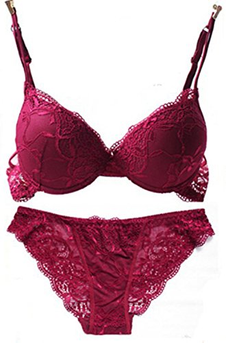 ZUKULIFE Nature Mujer Delgado De Encaje Push Up 3/4 Taza de Sujetador y Bragas Conjuntos - (Vino Rojo ES-100C)