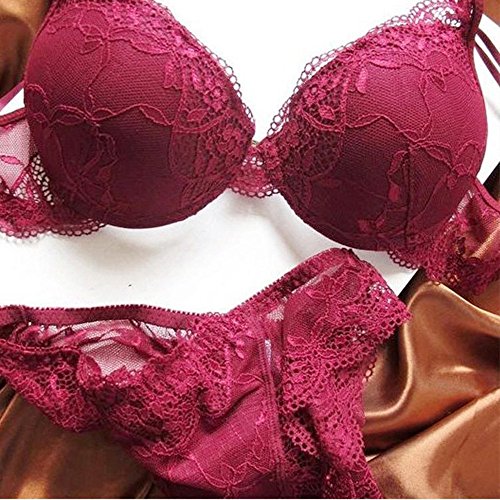 ZUKULIFE Nature Mujer Delgado De Encaje Push Up 3/4 Taza de Sujetador y Bragas Conjuntos - (Vino Rojo ES-100C)