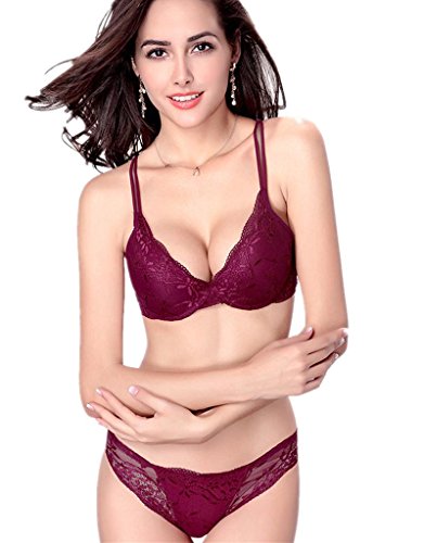 ZUKULIFE Nature Mujer Delgado De Encaje Push Up 3/4 Taza de Sujetador y Bragas Conjuntos - (Vino Rojo ES-100C)