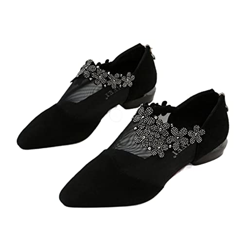 ZYLL Sandalias de tacón bajo con Flores para Mujer, Zapatos Malla Transpirables Cremallera, Punta Puntiaguda, Fiesta, Tacones Altos Encaje,Negro,42 EU