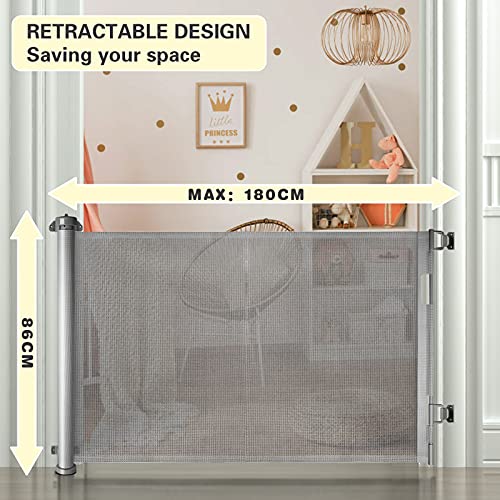 0-180cm Barrera Seguridad Retráctil Puertas, Satisure Barrera de Seguridad niños, Uso Más Suave y Silencioso, para Escaleras y Pasillos, Interiores y Exteriores